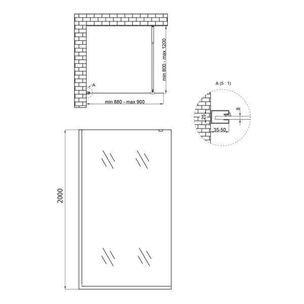 Стіна Walk-In Standard BLM209.C8, 90x200 см, скло 8 мм Clear, CalcLess, нерухома Qtap STDBLM209C8 фото