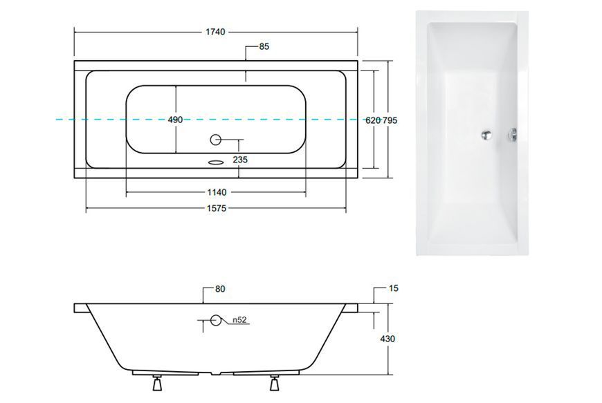 Ванна акрилова QUADRO SLIM 175х80 без ніг, БЕЗ отворів під ручки, без ручок NAVARA43667 фото